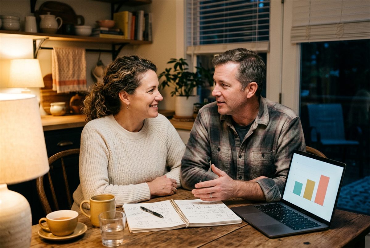 A couple planning ahead for their family's financial future at the kitchen table in the evening