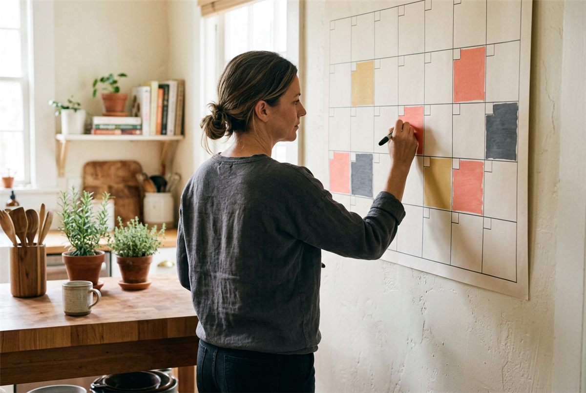 A woman marking blocks of time on a large wall calendar in her kitchen
