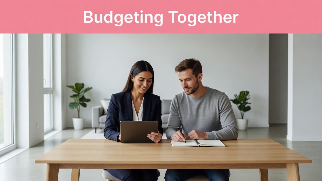 A man and woman sit together at a light wooden table inside a minimalist apartment. They focus intently on a shared tablet and notepad to organize their monthly household budget.