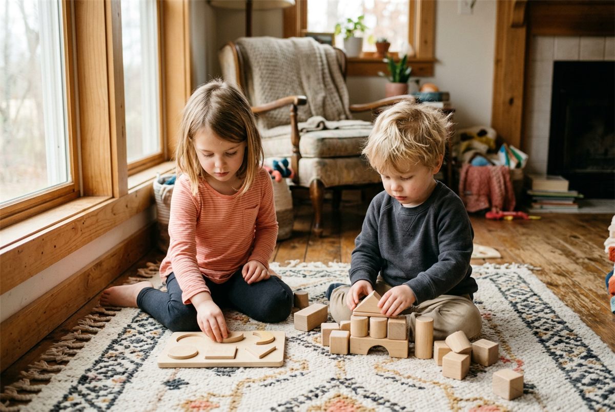 Two young children playing with wooden educational toys and building blocks on a living room rug