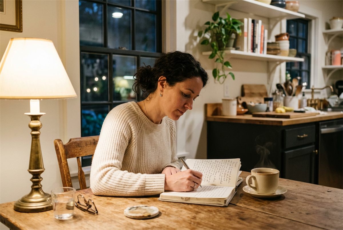 A woman journaling by lamplight in the evening to reset for the next day
