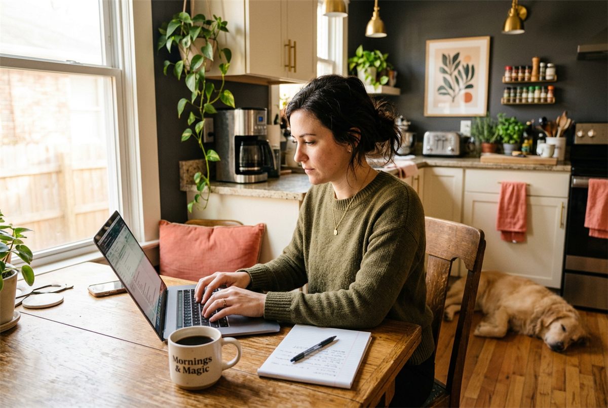 A woman working with focused energy at her kitchen table during her high-energy morning peak