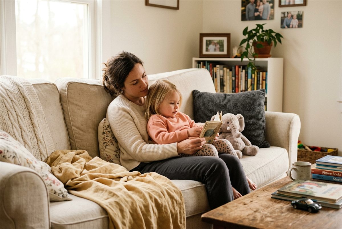 A mother and young child sharing a quiet unhurried moment on the couch during a low-energy block