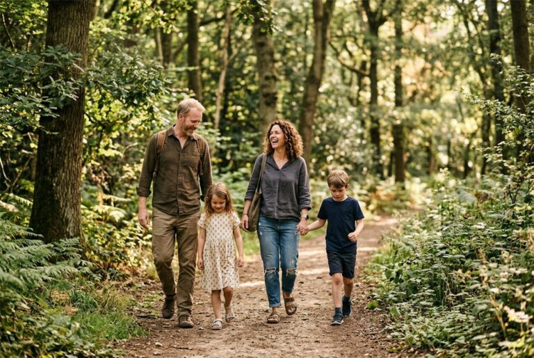 A family of four walking a woodland trail together on a summer afternoon