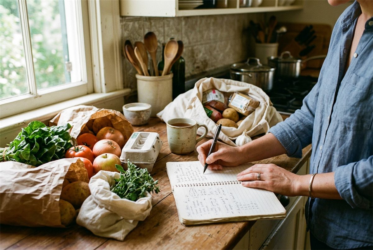 Fresh groceries on a kitchen counter beside a notebook where a family budget is planned