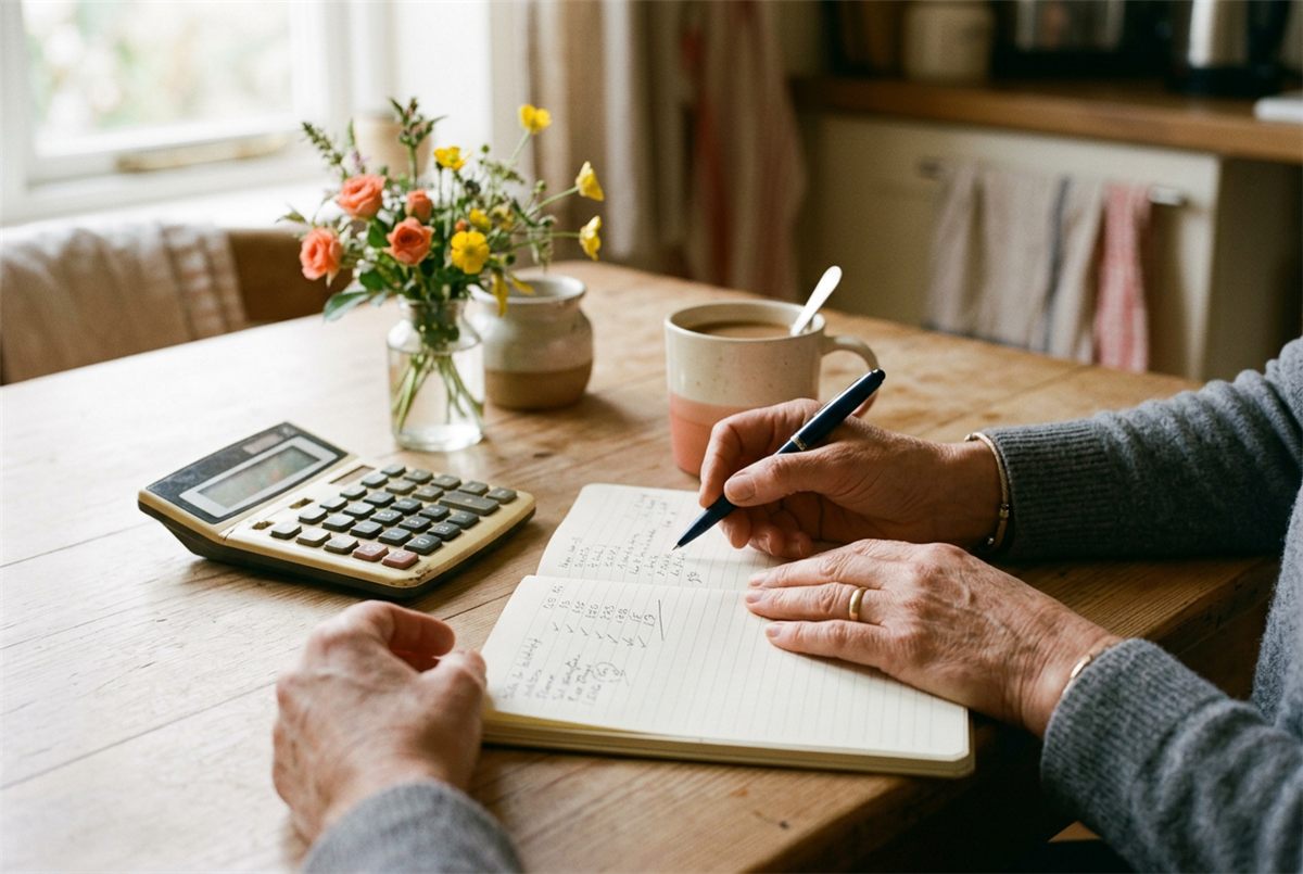 Hands working through a household budget with a notebook and calculator at the kitchen table