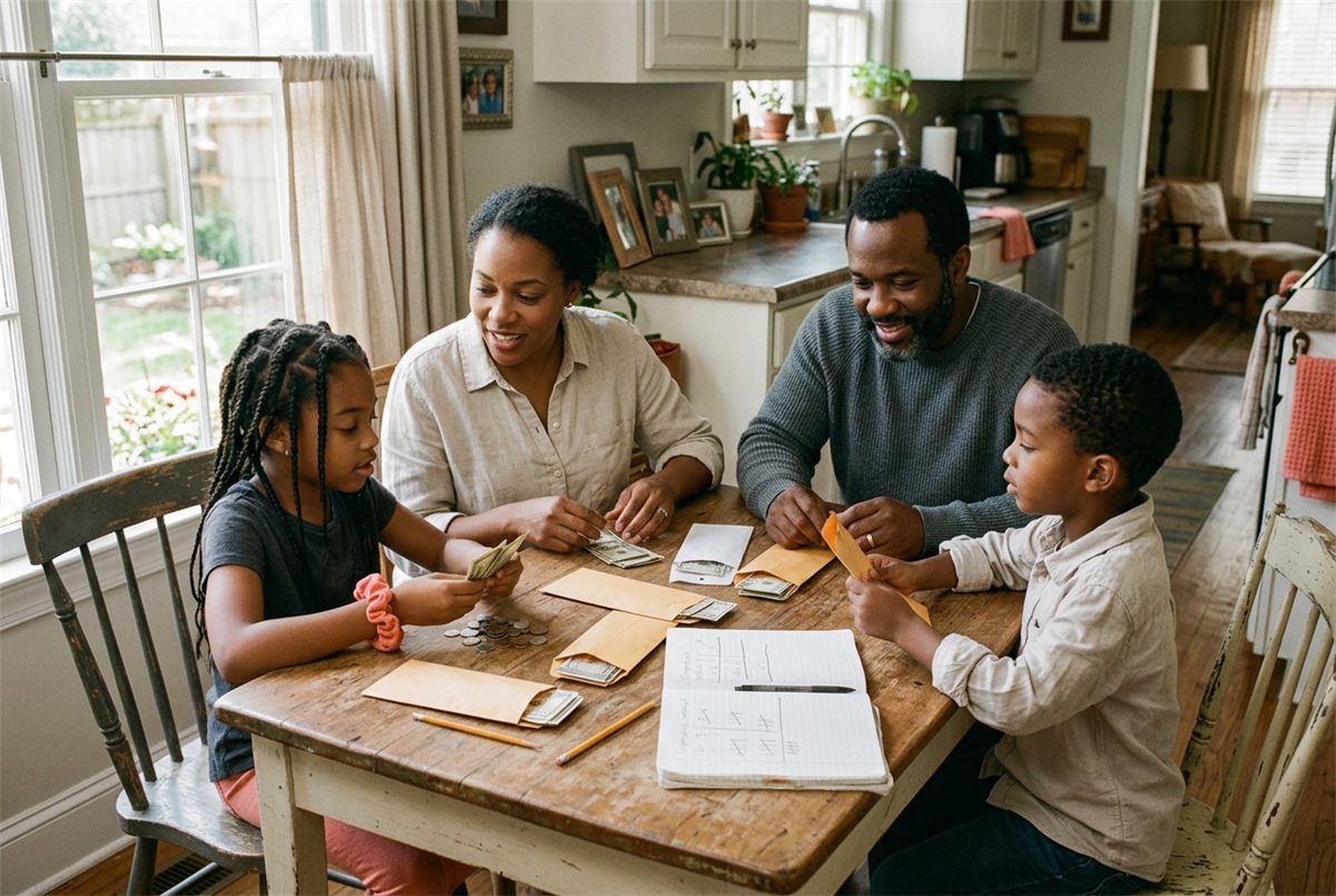 Parents teaching their two children about money around the kitchen table