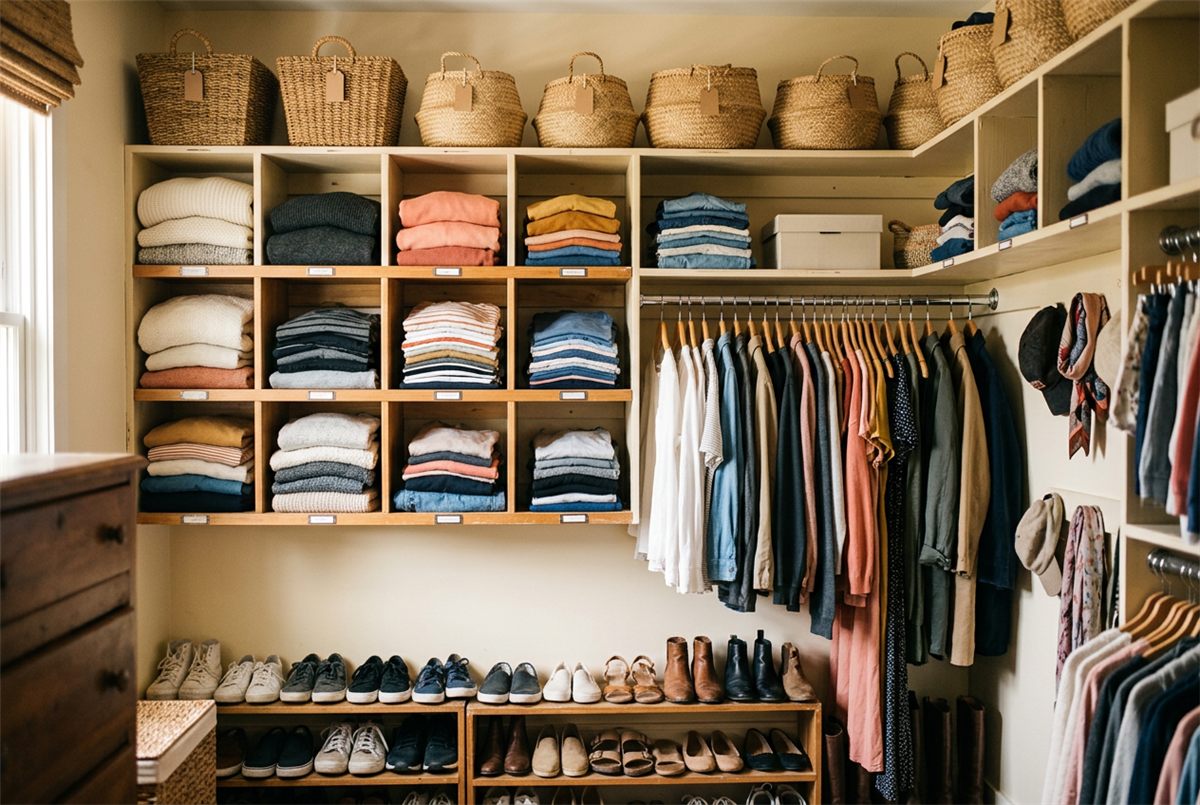 An organised family closet with folded stacks, baskets and evenly hung clothes