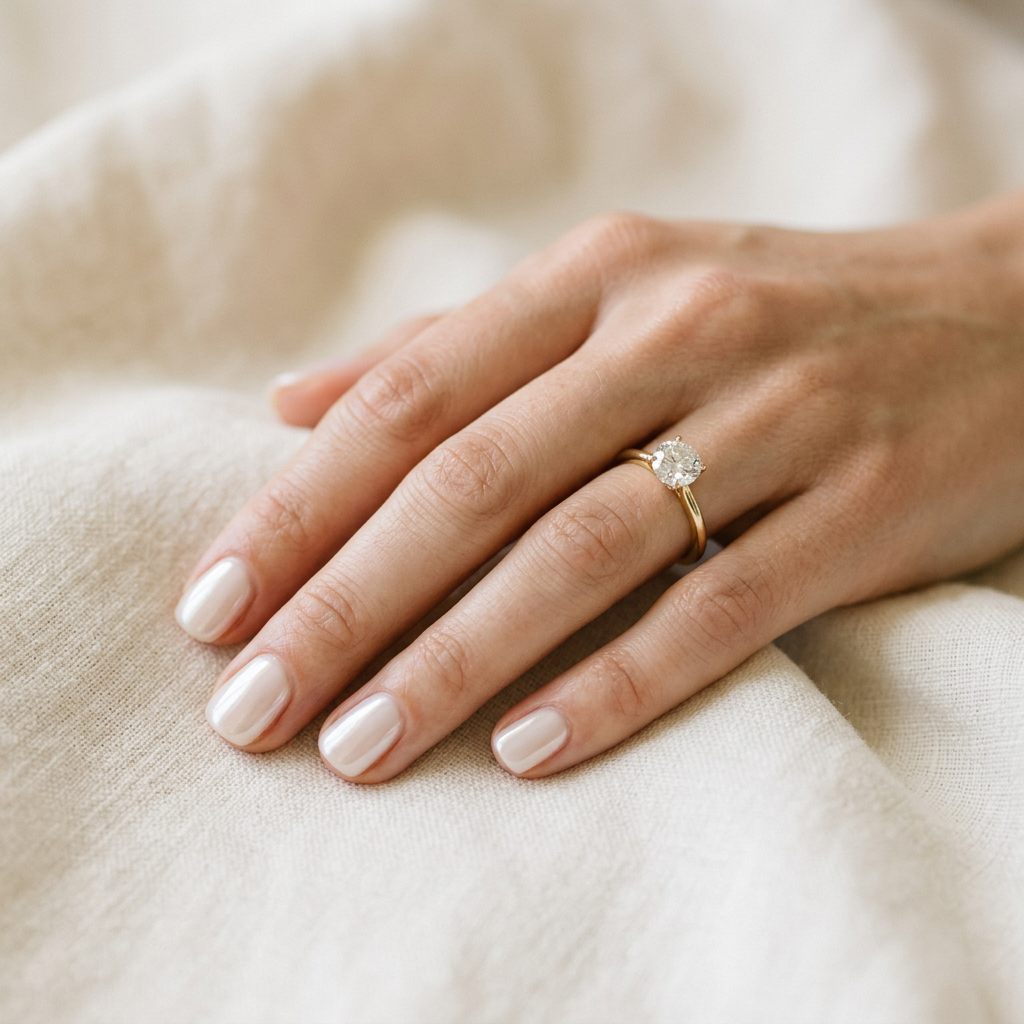 Short glazed pearlescent nails on a hand wearing a solitaire engagement ring