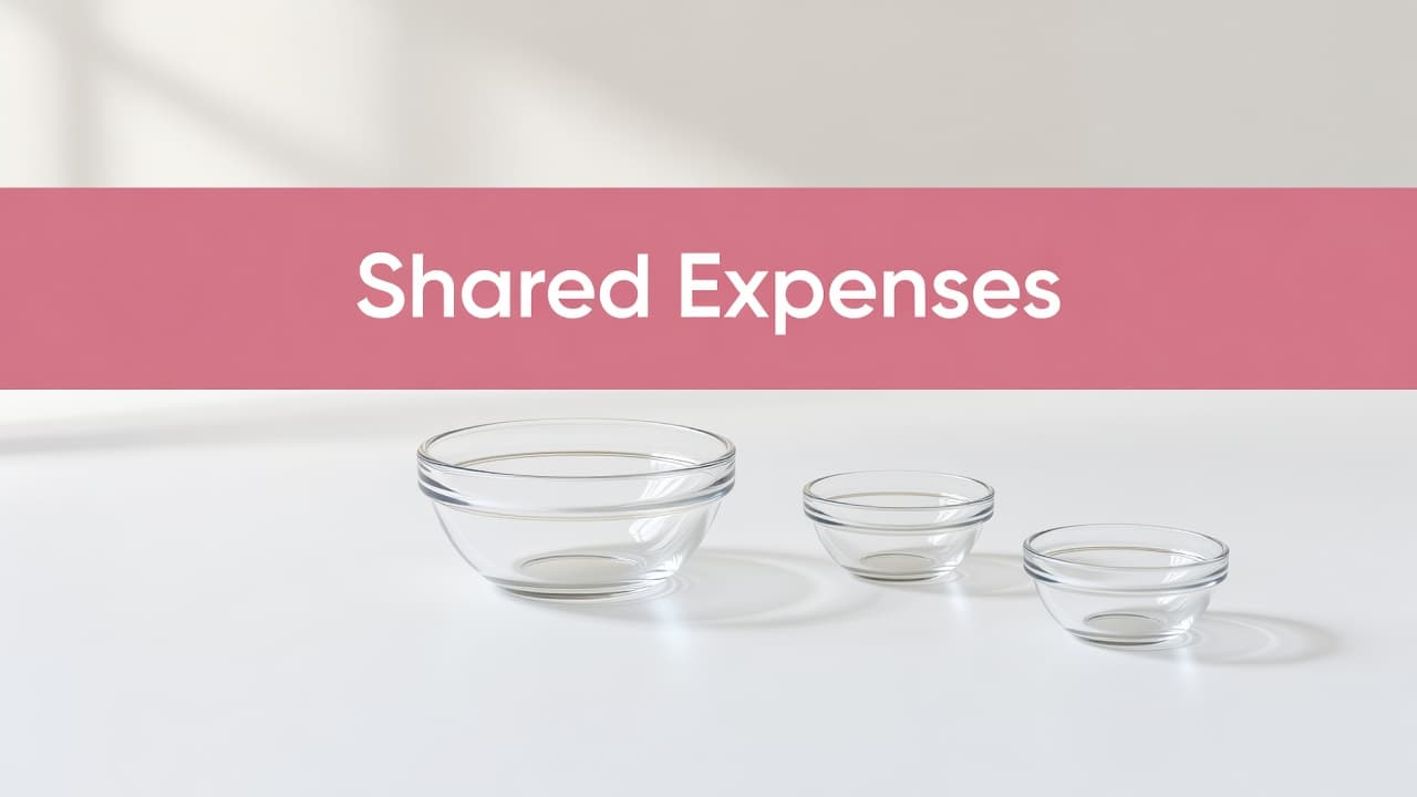 Three clear glass bowls sit on a minimalist white table, featuring a large central basin flanked by two smaller ones. A soft rose-colored header highlights the shared expenses financial concept.