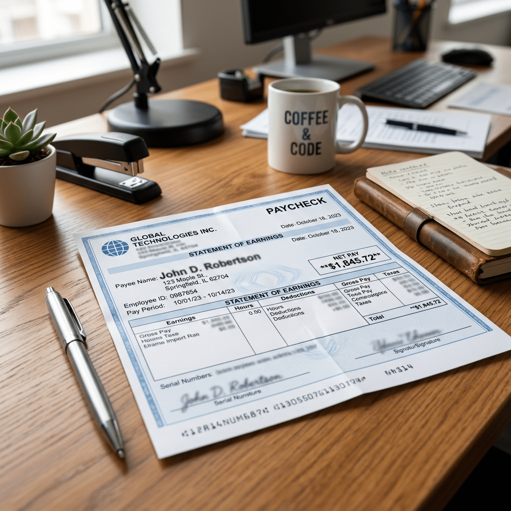 Paycheck on wooden desk with coffee mug, pen, stapler, and notebook
