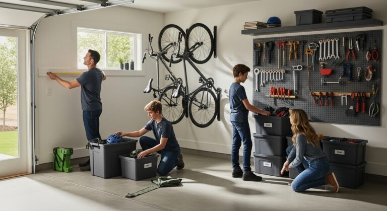 A family organizes a garage, using storage bins and wall hooks for tools and bikes. One person measures a wall while others sort items and stack labeled bins. The space appears tidy and well-lit.
