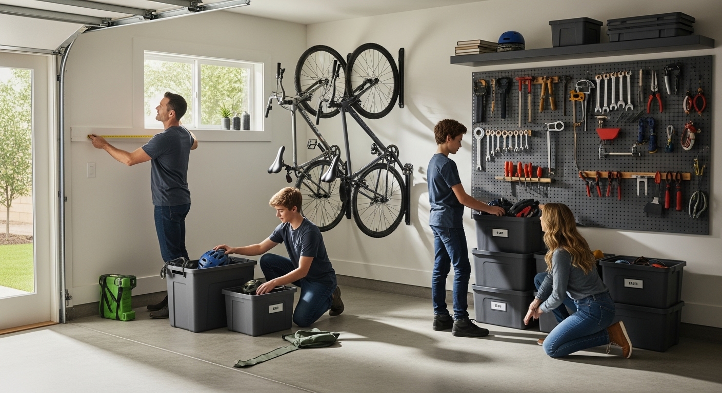 A family organizes a garage, using storage bins and wall hooks for tools and bikes. One person measures a wall while others sort items and stack labeled bins. The space appears tidy and well-lit.