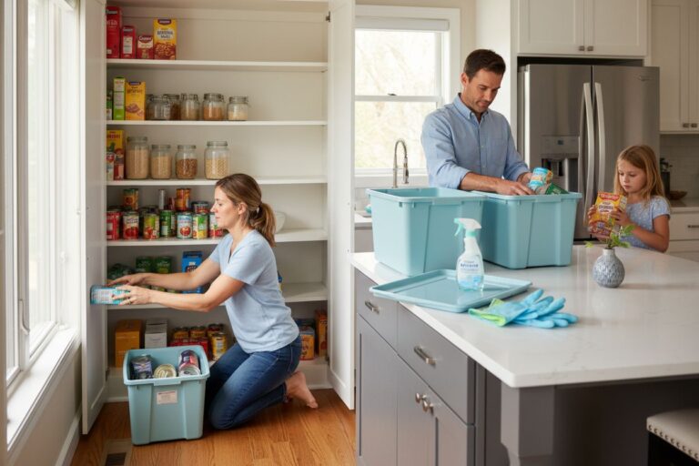 A woman organizes pantry shelves while a man and a young girl pack food items into blue bins on a kitchen island. Cleaning supplies and gloves are on the counter.