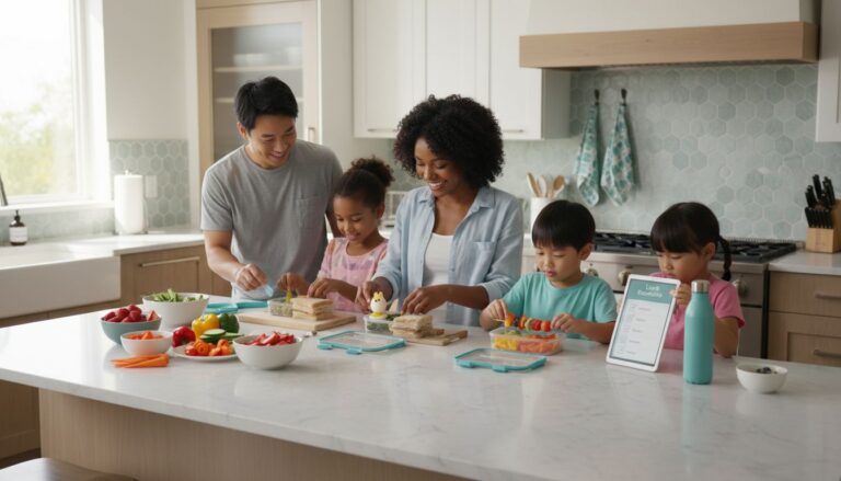 A family of five prepares healthy lunches together in a modern kitchen, assembling sandwiches and packing fruits and vegetables at a white island countertop.