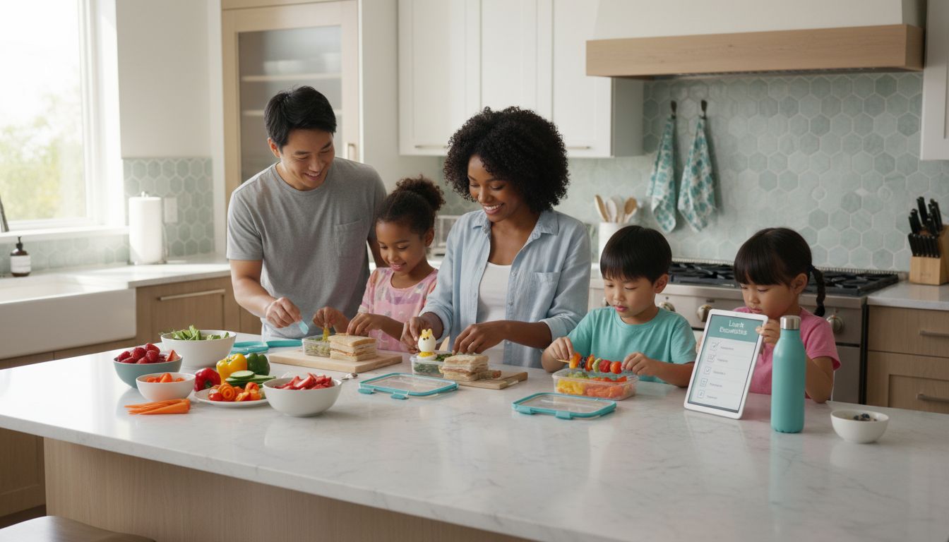 A family of five prepares healthy lunches together in a modern kitchen, assembling sandwiches and packing fruits and vegetables at a white island countertop.