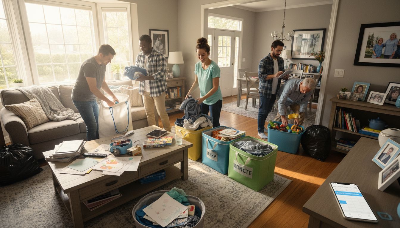 Five adults sort items into labeled bins in a bright living room with large windows. The coffee table holds scattered papers and toys. The mood is busy and organized as they declutter the space together.