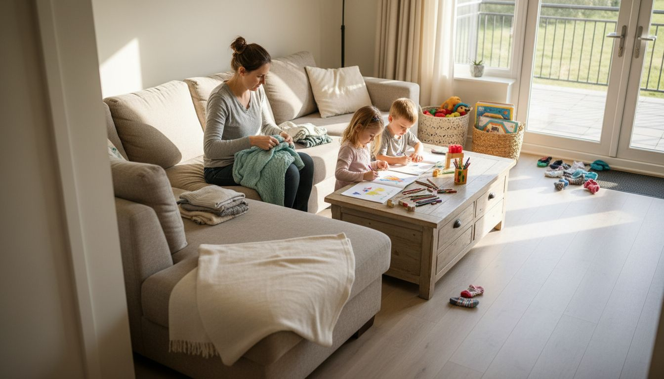 A woman knits on a beige couch while two young children sit at a coffee table drawing with markers in a bright, tidy living room with toys and art supplies.