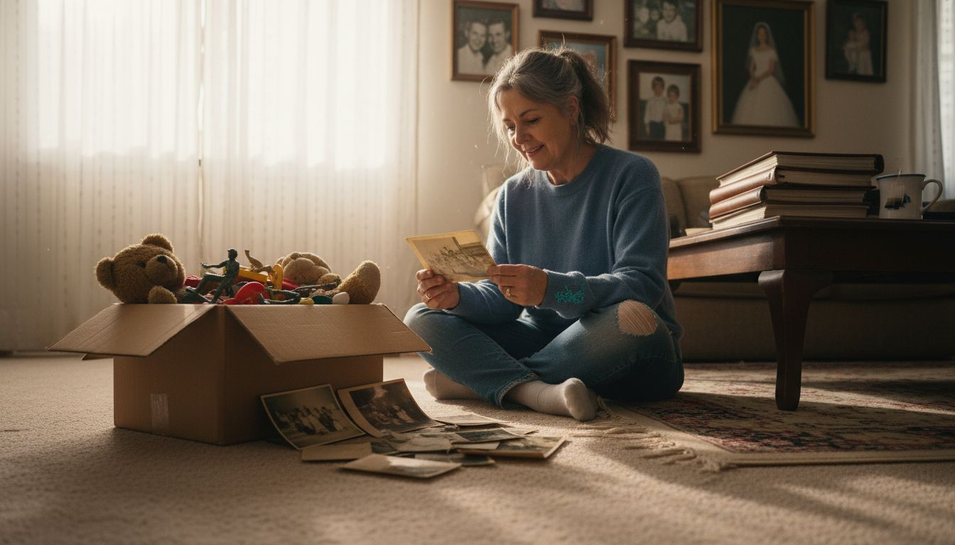 A woman sits on the floor, smiling while looking at old photos from a box filled with toys and memorabilia. Family pictures hang on the wall behind her, and sunlight streams through a window.