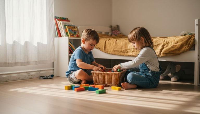 Two young children sit on a sunlit bedroom floor, playing with colorful building blocks near a wicker basket. A bed with a yellow blanket and a bookshelf are visible in the background.