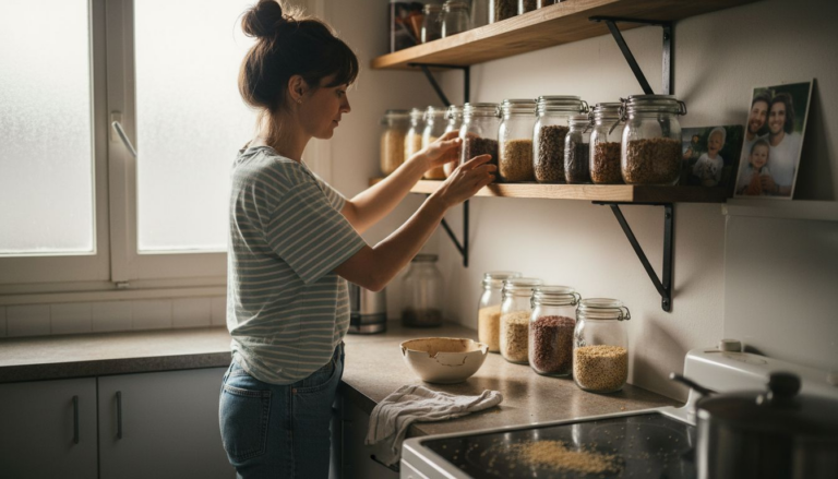 A woman arranges glass jars filled with dry food on wooden shelves in a kitchen. Sunlight streams through a window, and family photos are displayed on the shelves.
