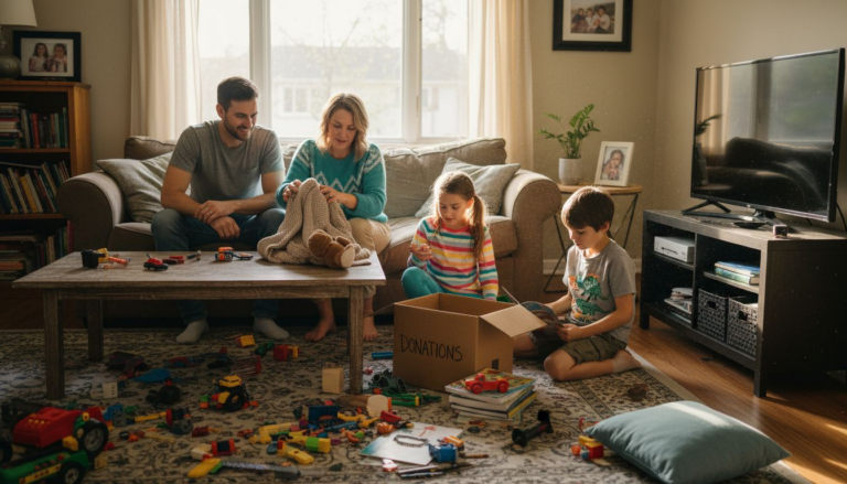 A family sits in a living room sorting toys and clothes into a donation box, surrounded by scattered toys on the floor and sunlight streaming through the window.