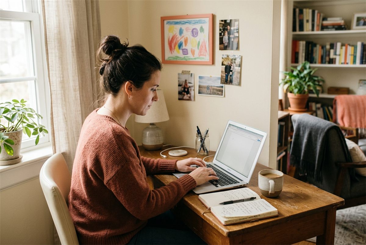 A mother working on her blog at a laptop in a corner of her home