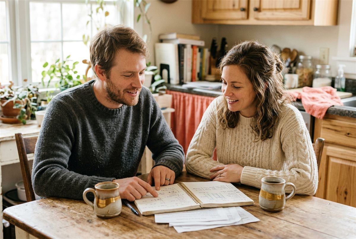 A couple going over the family finances together at the kitchen table during a money date