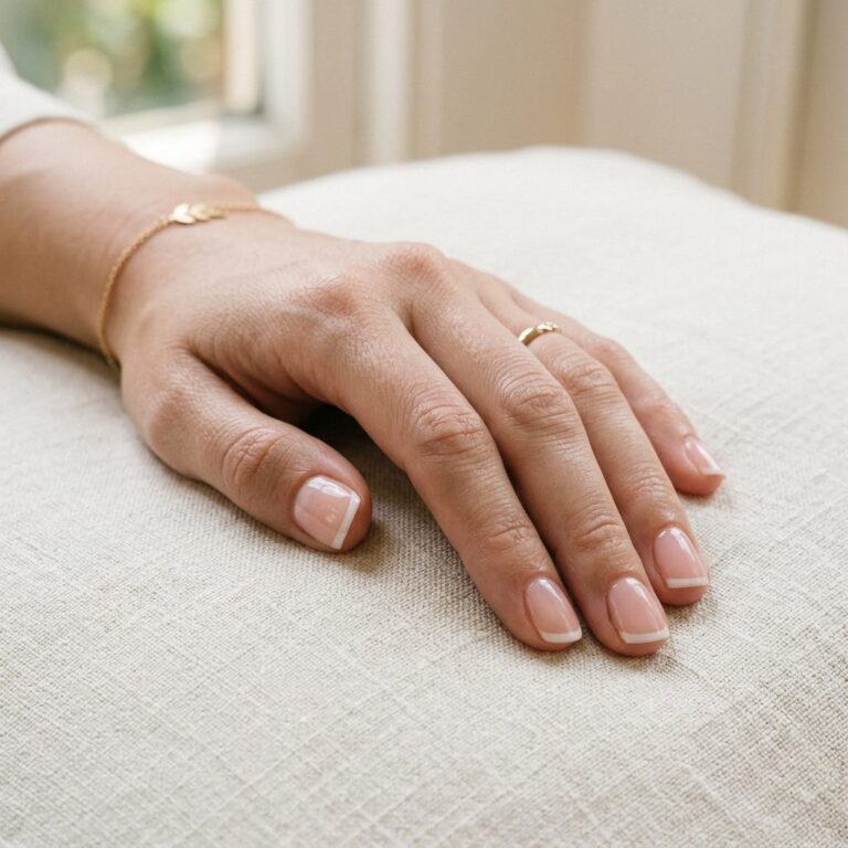 A glossy clear overlay manicure on short natural nails