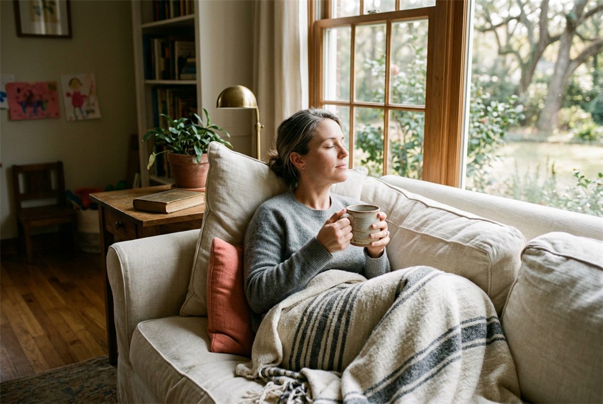 A woman resting with a warm mug on the couch taking an unhurried pause from a busy family day