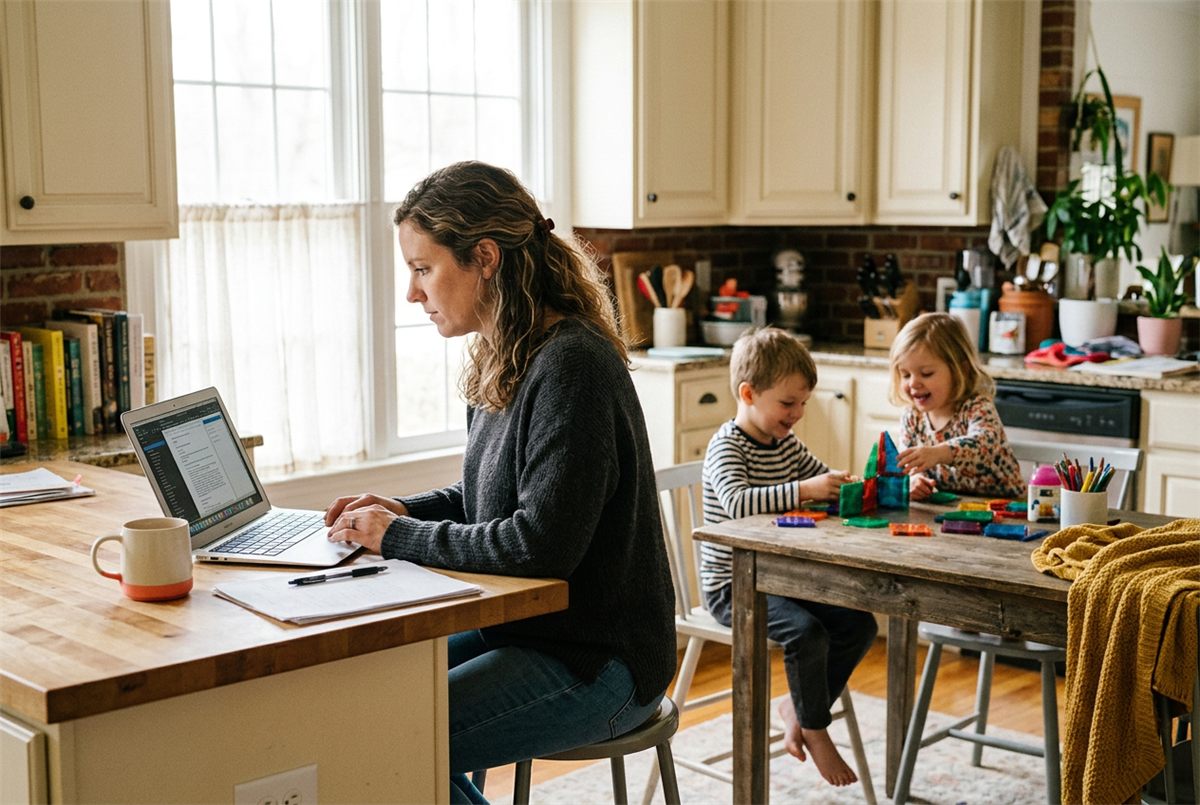 A parent working at a kitchen counter while two children play nearby