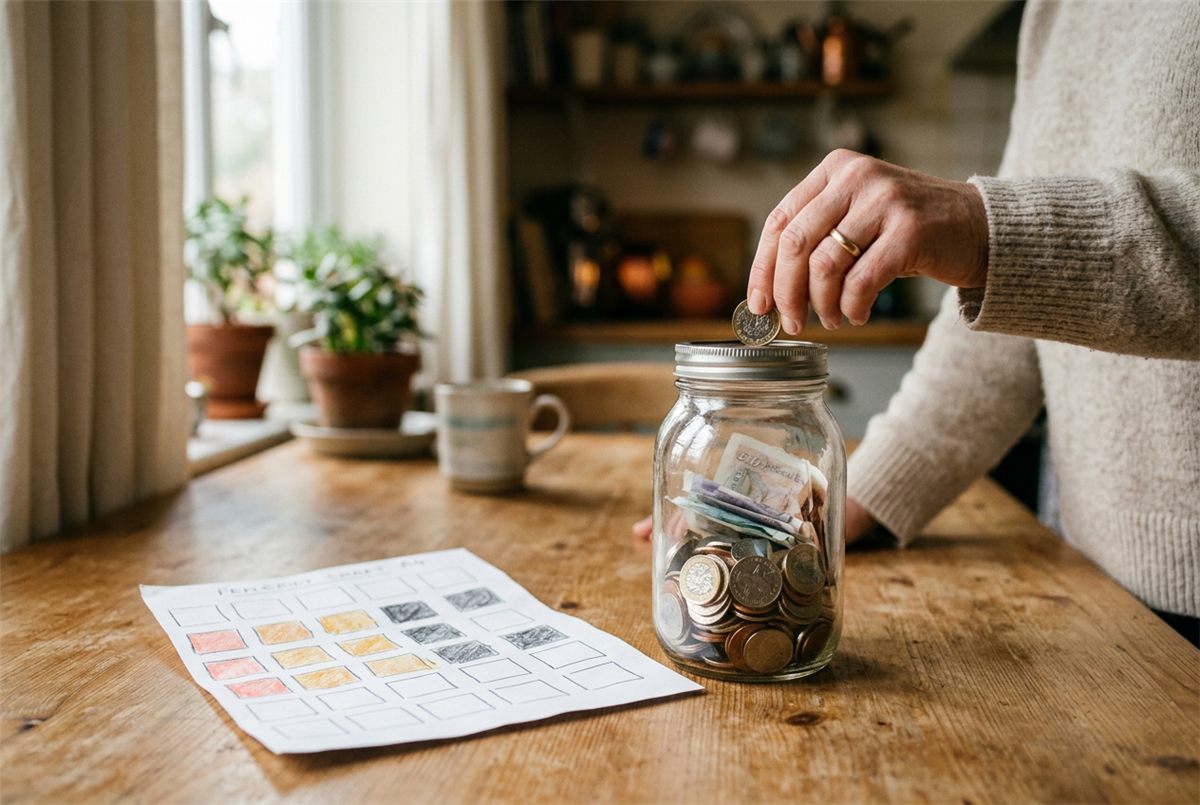 A glass savings jar with coins beside a hand-coloured savings challenge chart