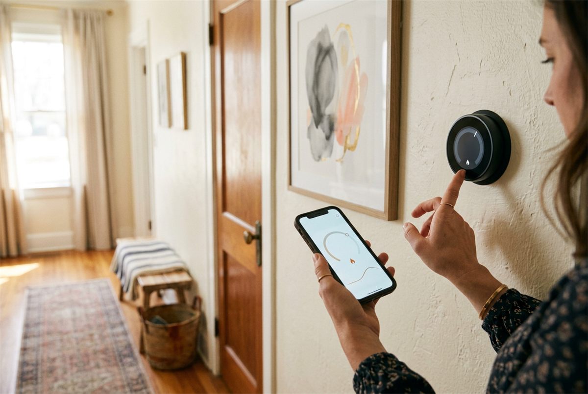 A hand adjusting a modern smart thermostat on the wall of a family home