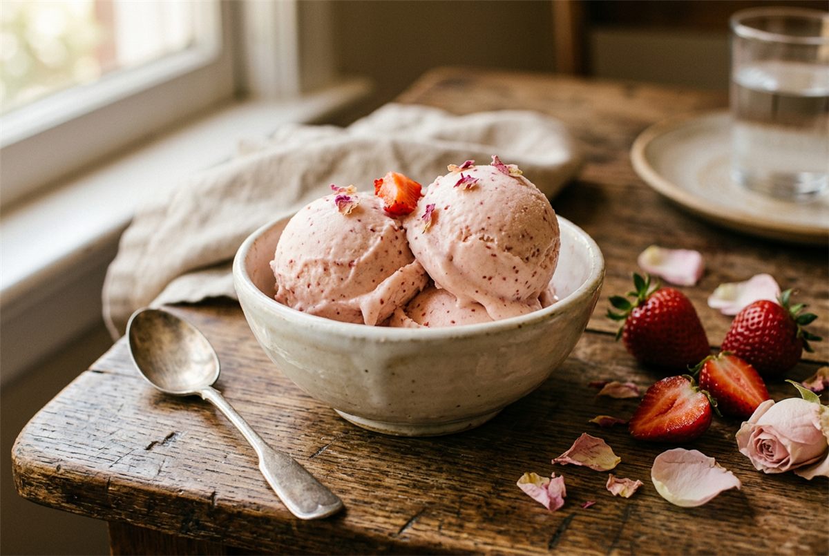 Two scoops of strawberry and rose mascarpone ice cream in a ceramic bowl with fresh strawberries