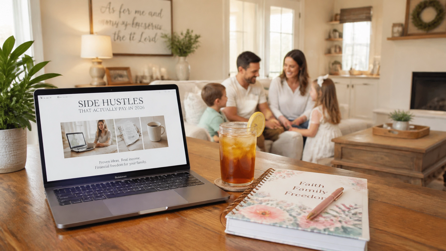 A laptop displaying Side Hustles That Actually Pay in 2023, a notebook, and an iced tea sit on a table. In the background, a smiling family of four sits together in a bright living room.