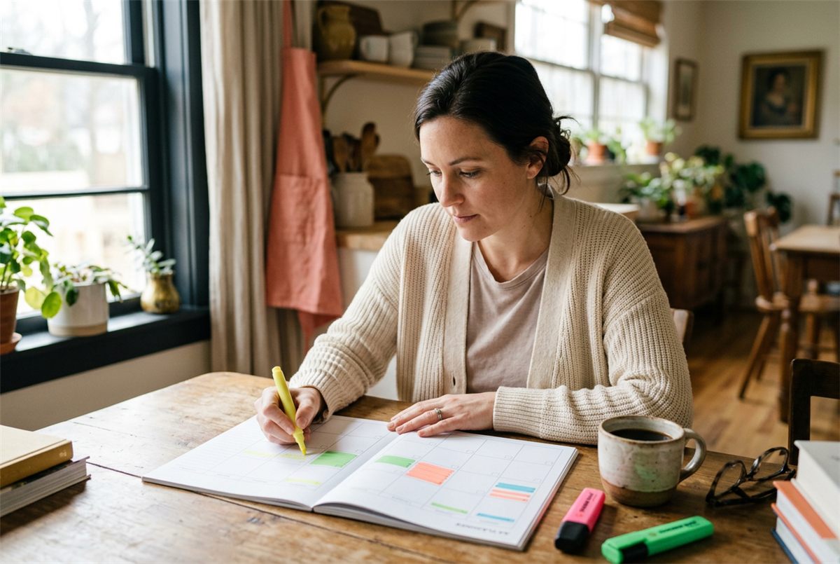 A mother blocking out her family's week on a paper planner with coloured highlighters
