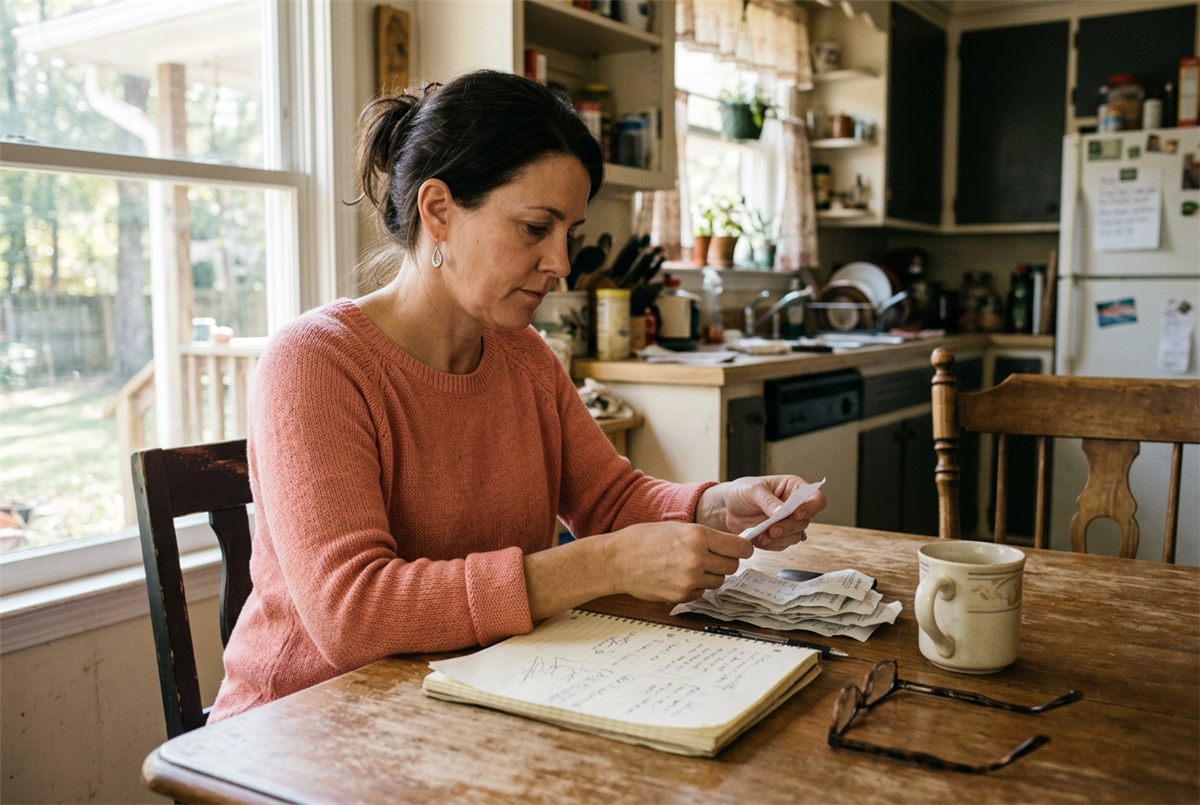 A woman sorting receipts beside an open notebook while tracking family spending
