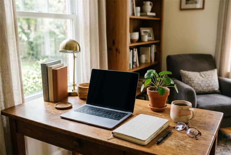 A tidy work-from-home desk with a laptop, notebook, coffee and a small plant