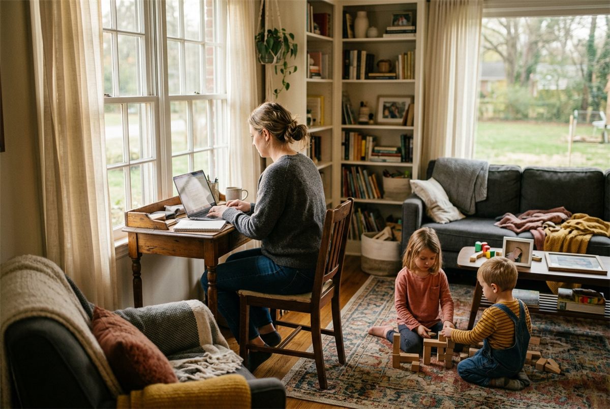 A mother working at a desk while her children play nearby in the family living room