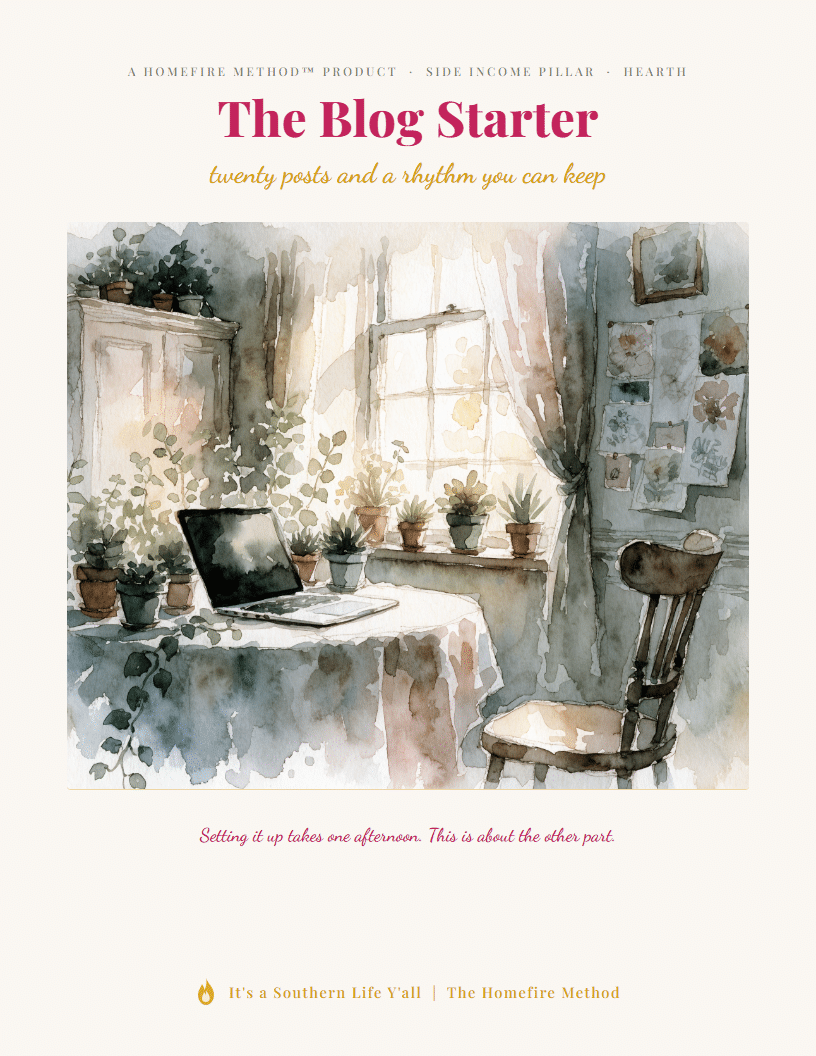 A watercolor scene of a cozy desk with a laptop, plants, and papers near a window, with the text The Blog Starter: twenty posts and a rhythm you can keep above and additional text below the image.
