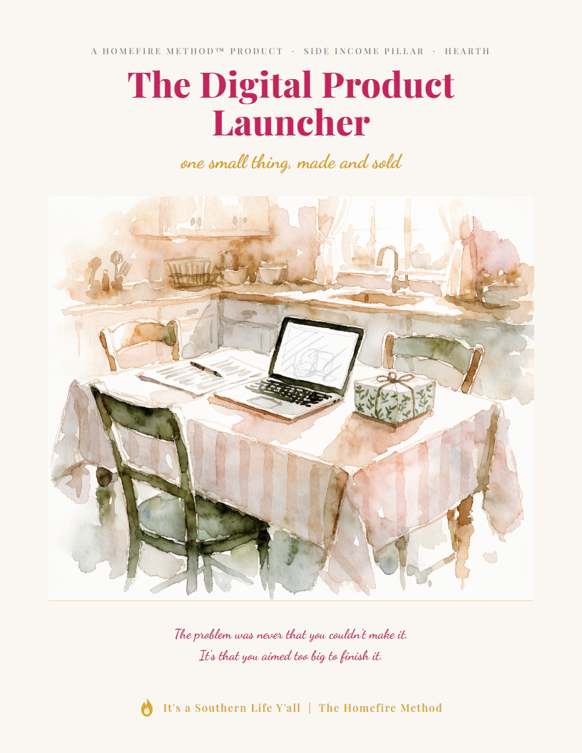 A watercolor-style kitchen scene with a table covered by a checked cloth, four chairs, tableware, and a window. Text above reads, The Digital Product Launcher: one small thing, made and sold..