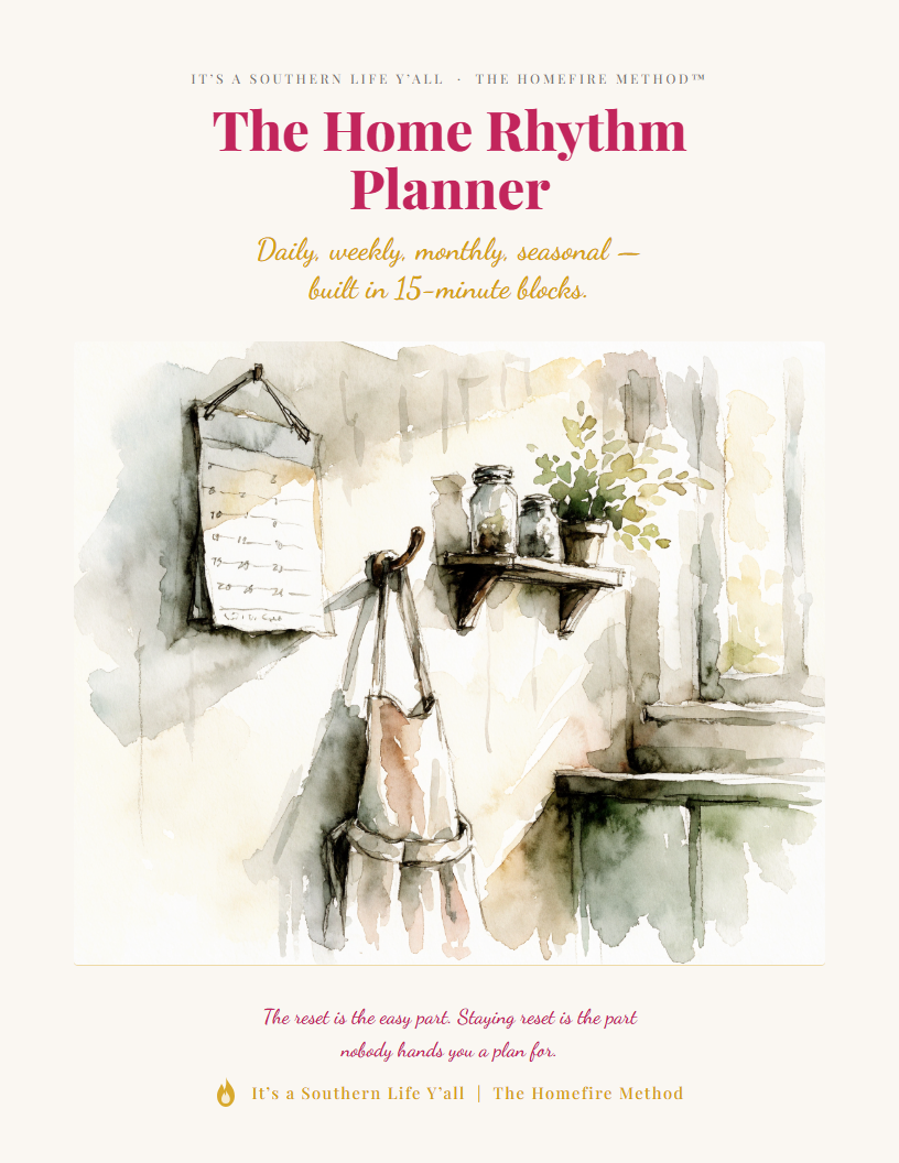 A watercolor of a cozy kitchen with jars, towels, and a broom. Text reads The Home Rhythm Planner—Daily, weekly, monthly, seasonal—built in 15-minute blocks. Cream background with gold and mauve accents.