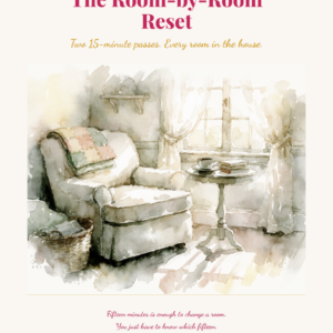 Watercolor-style image of a cozy armchair with a blanket and pillow beside a window, a basket on the floor, and soft sunlight streaming in. Text above and below highlights a Room-by-Room Reset cleaning method.