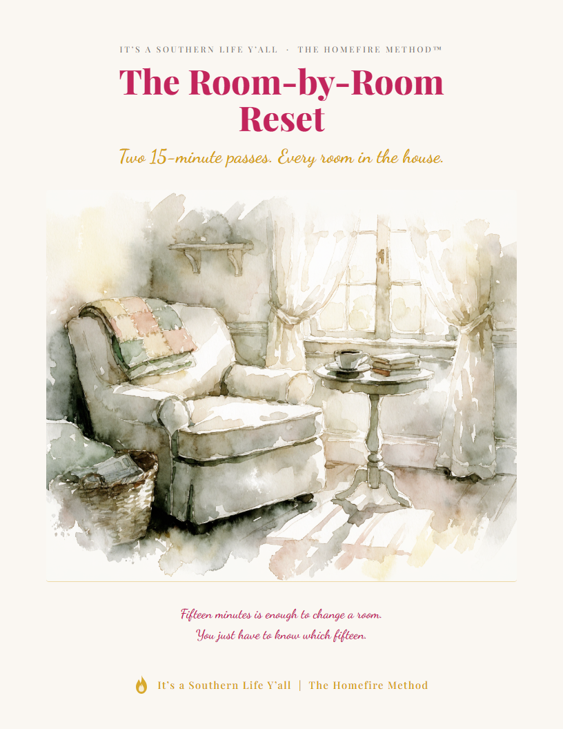 Watercolor-style image of a cozy armchair with a blanket and pillow beside a window, a basket on the floor, and soft sunlight streaming in. Text above and below highlights a Room-by-Room Reset cleaning method.