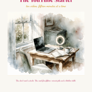 A watercolor illustration of a cozy home office with a laptop, phone, ring light, coffee mug, and papers on a wooden table beside a chair, window, and bookshelf. Text promotes The YouTube Starter course.