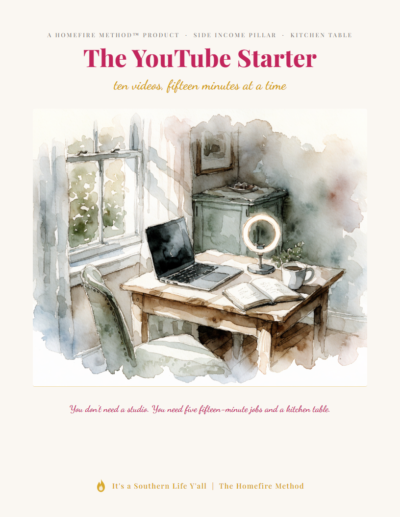 A watercolor illustration of a cozy home office with a laptop, phone, ring light, coffee mug, and papers on a wooden table beside a chair, window, and bookshelf. Text promotes The YouTube Starter course.
