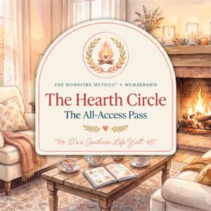 A cozy living room with armchairs, a sofa, and a fireplace. Candles and books rest on a coffee table. An overlay sign reads: The Hearth Circle The All-Access Pass. Its a Southern Life Yall..