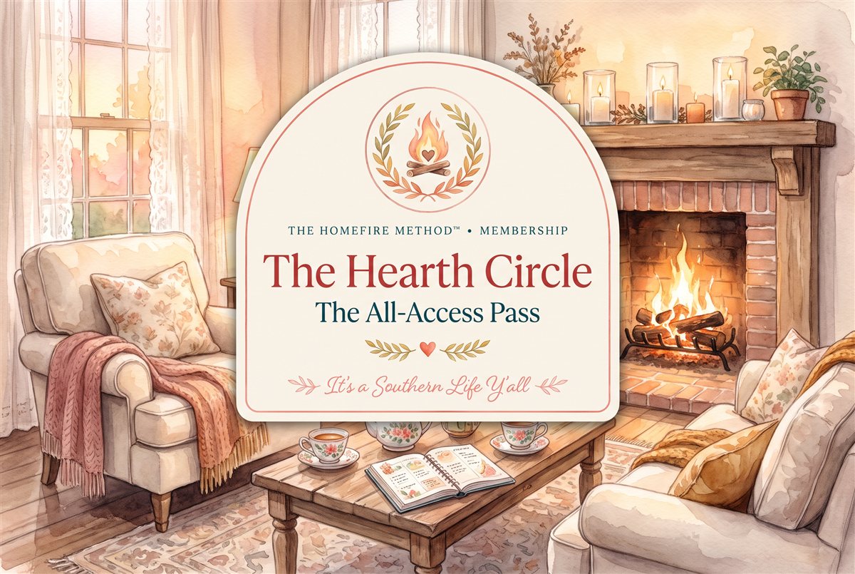A cozy living room with armchairs, a sofa, and a fireplace. Candles and books rest on a coffee table. An overlay sign reads: The Hearth Circle The All-Access Pass. Its a Southern Life Yall..