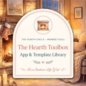 A cozy living room with a lit fireplace, stockings, candles, and blankets. A sign in front reads: The Hearth Toolbox App & Template Library. Its a Southern Life Yall. The Hearth Circle • Member Tools..