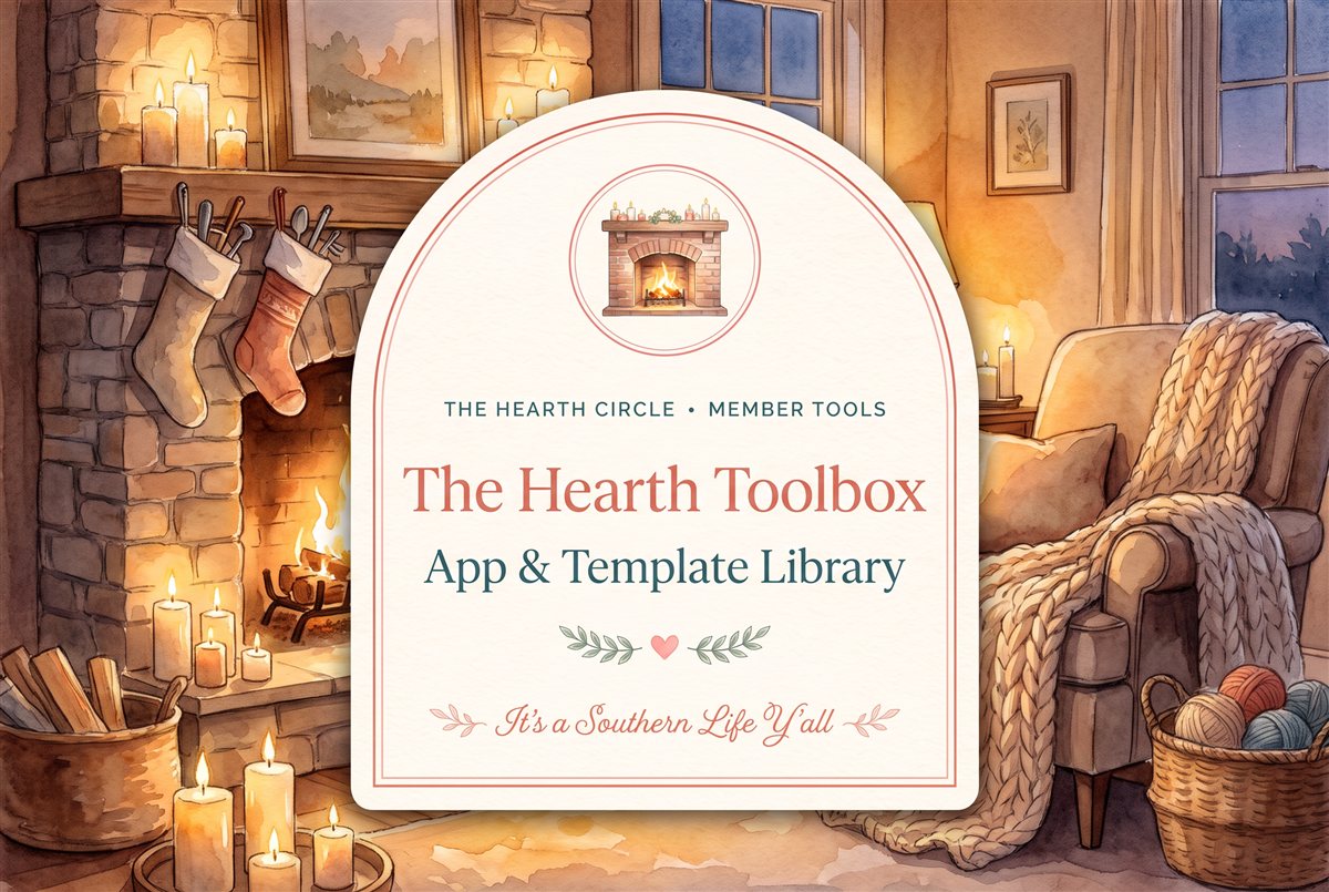 A cozy living room with a lit fireplace, stockings, candles, and blankets. A sign in front reads: The Hearth Toolbox App & Template Library. Its a Southern Life Yall. The Hearth Circle • Member Tools..